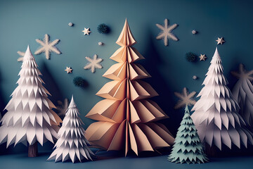 Christmas backdrop with flat lay paper background and an origami tree. Generative AI