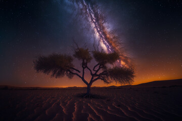 Obraz na płótnie Canvas tree shadow and milky way galaxy captured in a long exposure shot with grit. Generative AI
