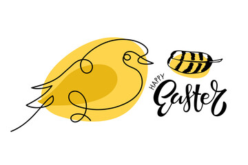 Happy Easter doodle sketch bird, calligraphy lettering and bird feather. Black yellow illustration, design elements for card, mug, decor, shirt design, invitations for Easter holiday. Easter ornament