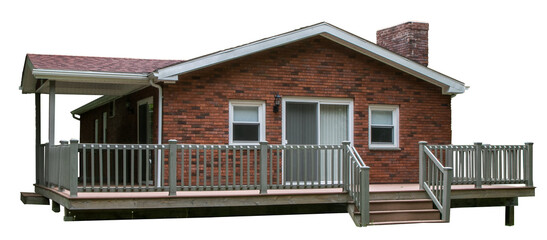 Small suburban brick house with a deck, transparent PNG.