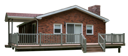 Small suburban brick house with a deck, transparent PNG.