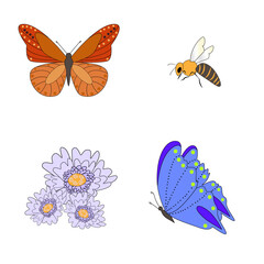 Vector Spring Illustration of a butterfly, a bee and flowers. A set of drawings for creativity