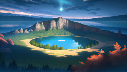A crater with a lake. A drawing of nature. The forest around the crater. Green meadows.