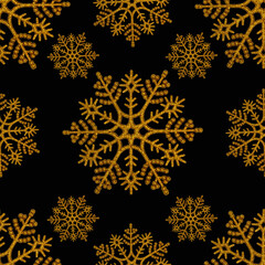 Seamless pattern. Winter pattern. Golden snowflakes on a black background.