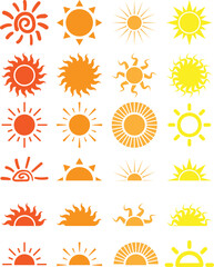 Sun set vector collection with 24 different full and half sun designs.