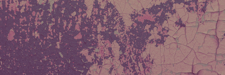 Peeling paint on the wall. Panorama of a concrete wall with old cracked flaking paint. Weathered rough painted surface with patterns of cracks and peeling. Wide panoramic grunge texture for background