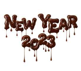 Inscription New Year 2023 is made of melted chocolate isolated on white background