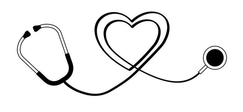 Stethoscope, heart icon. Doctor tool. Stethoscope cardio device. Healthcare, heartbeat pictogram. Medical stethoscope, is an instrument for listening to sounds in the body. Heart check, line pulse.