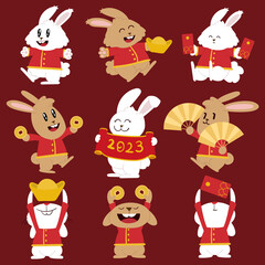 Happy Chinese new year with cute rabbit with wealth gold money. Animal holidays cartoon character