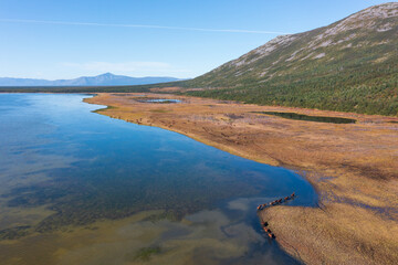 Aerial view of a shallow lake at the foot of the mountain. A herd of horses walks along the water...
