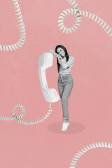 Vertical collage image of black white effect positive girl speak communicate huge handset telephone...