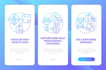 Strategies for raising prices blue gradient onboarding mobile app screen. Walkthrough 3 steps graphic instructions with linear concepts. UI, UX, GUI template. Myriad Pro-Bold, Regular fonts used