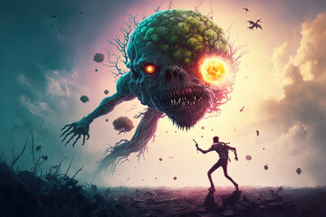 depicting an imaginary planet being attacked by a zombie that rises out of the ground. Generative AI