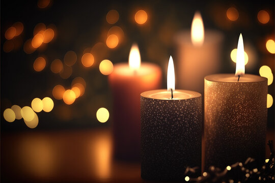 Candles burning on a blurred background. Beautiful candle fire in the dark.