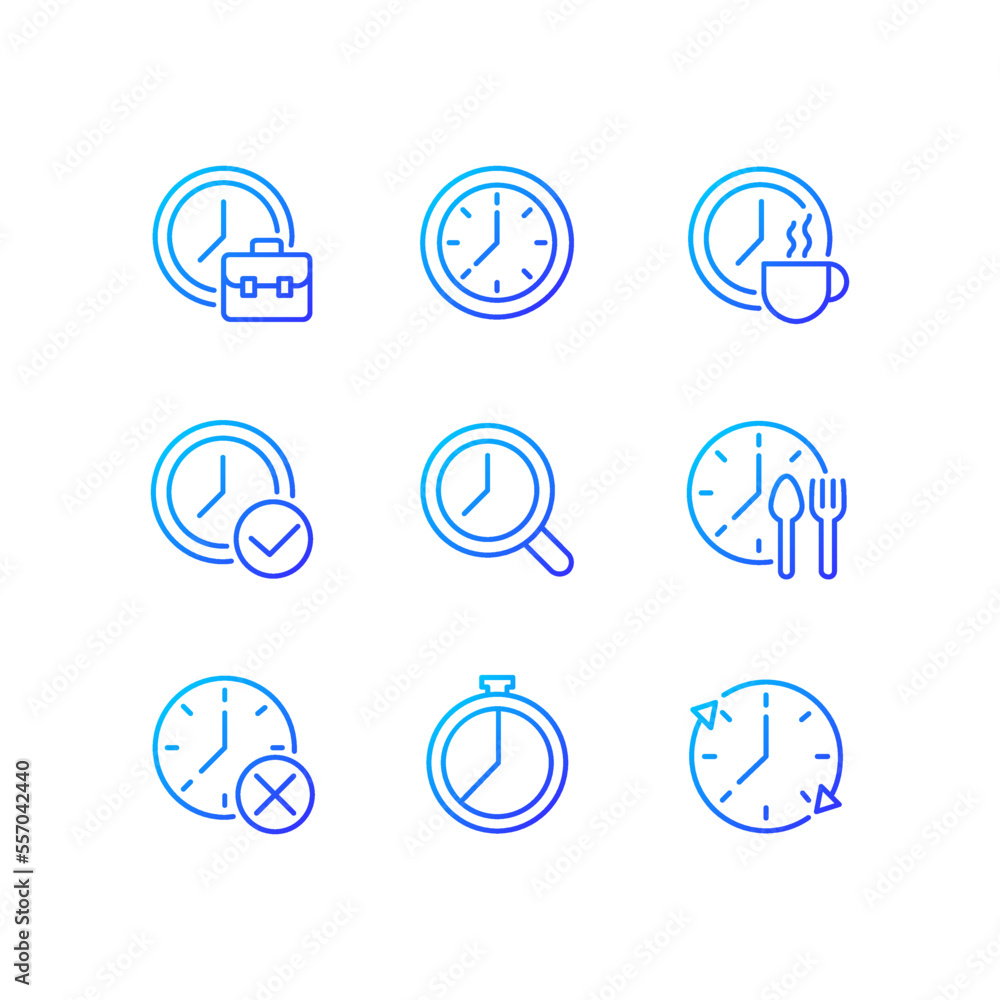 Poster timekeeping in daily life pixel perfect gradient linear vector icons set. manage time at workplace. 