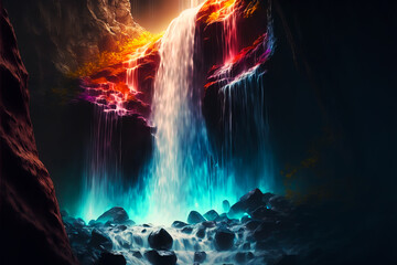 Magic colorful jungle waterfall in tropical rainforest. Tropical rainbow color waterfall in jungles, Generative AI illustration. Colorful waterfall background as design element for travel or tourism.