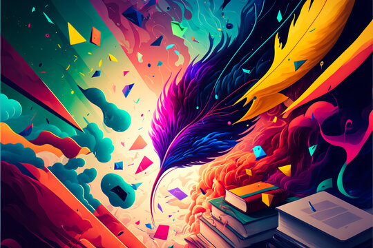 Colorful education background, feather pen, books and paper in rainbow clouds. Generative AI modern school study background. School, college, education design element.