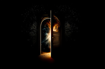Opened door to other realm on black background. Portal to another world with floral patterns on dark background. Generative AI gate to other universe.