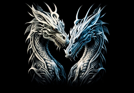 Two white dragons head on a black background. Generative AI Illistration of ancient white dragons on black background. Dragons background. Place for text.
