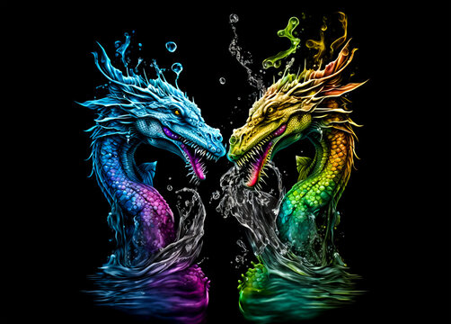 Two colorful dragons head in water splashes on a black background. Generative AI Illistration of ancient dragons on black background. Dragons background. Place for text.