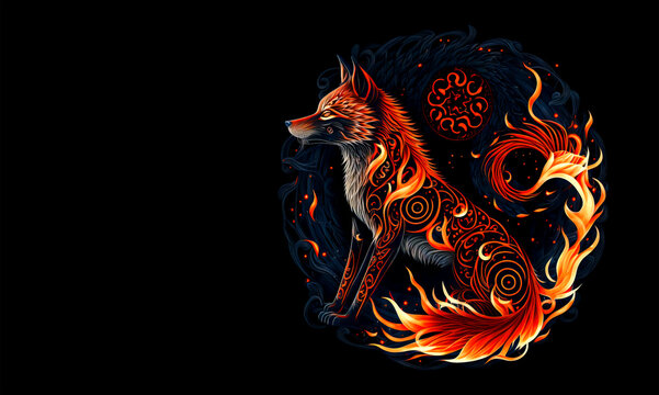 Magic fox in flames on black background. Fire kitsune on black background. Fairy flame fox illustration. Magical beasts and animals.