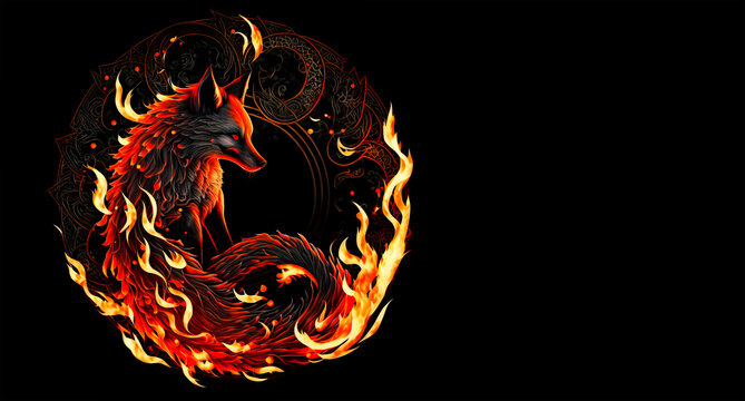 Magic fox in flames on black background. Fire kitsune on black background. Fairy flame fox illustration. Magical beasts and animals.