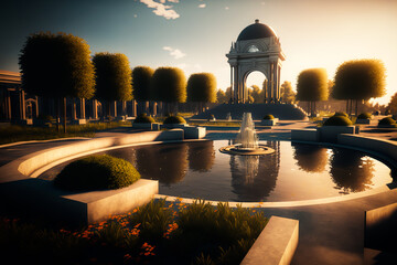 Obraz premium The fountain in the city park. City park at sunset without people. Modern city park with ponds and fountain. Generative AI city public park.