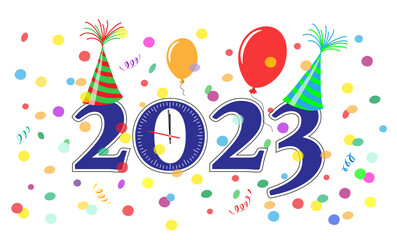 Silvester Party Countdown Karte mit Uhr, Neues Jahr 2023 mit Hütchen, 
Konfetti, Luftballons und Luftschlangen,
Vektor Illustration mit dunklem Hintergrund
