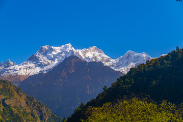 Picturesque view of himalayan mountain range and forest on a sunny cloudless day, Nepal