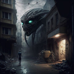 Alien invasion and huge alien staring at a human on the street. Created with Generative AI technology. - obrazy, fototapety, plakaty