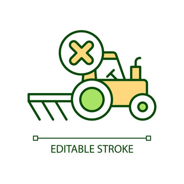 Avoid tillage RGB color icon. Farm tractor breakage. Agricultural vehicle failure. Stop cultivation. Isolated vector illustration. Simple filled line drawing. Editable stroke. Arial font used