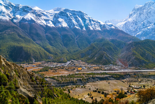 Picturesque landscape of the Annapurna Circuit trek  and the city Humde on a sunny fall day