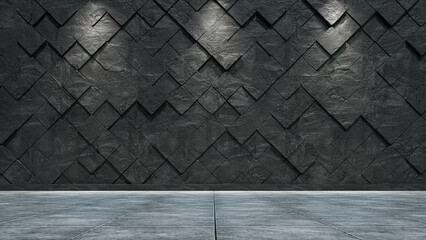 Black concrete blocks wall background with concrete floor. 3d rendering