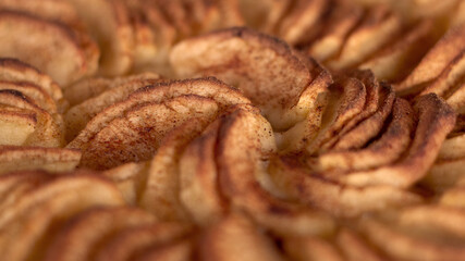 Appetizing apple pie with cinnamon. Baked dessert. Delicious and healthy breakfast. Closeup photo