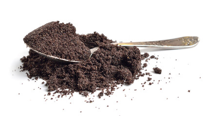 Blue poppy seeds flour isolated on white background