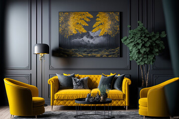 Colors of the year 2021, an elegant dark grey decor with brilliant yellow sofas,. Generative AI