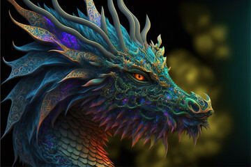 Obraz premium A colorful dragon made of fractals Generative AI