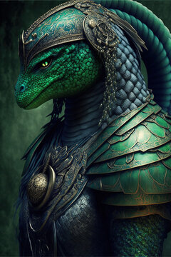 A green lizardman with armor Generative AI