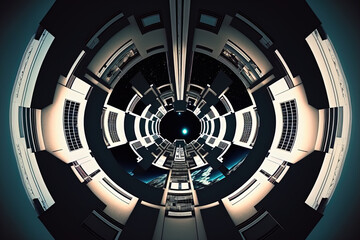 Illustration of the interior of a dark contemporary futuristic dazzling reflecting building in full 360 degree equirectangular panorama. Generative AI