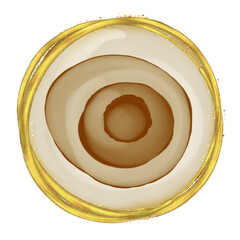 Brown circular layers on each other with gold framing, isolated object, transparent background, metallic circle shape overlay