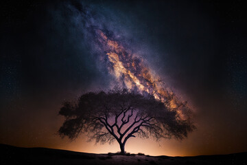 Naklejka na ściany i meble Long exposure shot of the Milky Way and a silhouetted tree in the night sky. Generative AI