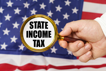 In front of the American flag, a man holds a magnifying glass in his hand with the inscription -...