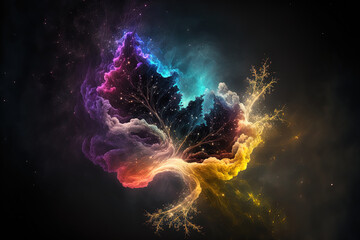 On a dark background, there is multicolored fractal nebula dust. Generative AI