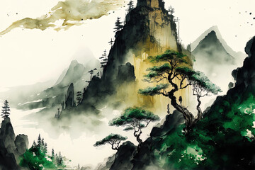 Chinese landscape painting in green ink, traditional landscape paintings in watercolor and ink, Landscape with mountains and forests with clouds and mist. Generative AI