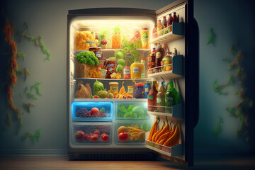 open refrigerator stocked with goods in the kitchen. Generative AI