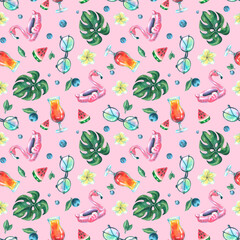 Bright, juicy, tropical, seamless pattern with pink flamingo, monstera leaves, sunglasses, watermelon and a beach cocktail on a pink background. Watercolor illustration from the BEACH BAR collection.