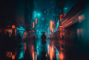 Obraz premium Generative AI illustration of a Rainy foggy night on a street of a cyberpunk city. Huge neon skyscrapers. Wet asphalt reflecting glowing neon lights. Gloomy urban scene.