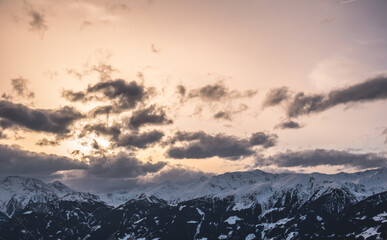 Sunset over Austrian Alps in resort Zel am Ziller - obrazy, fototapety, plakaty
