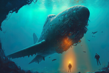 Fototapeta premium dive into a sunken aircraft, hunt for a crash underwater, and divers. Generative AI