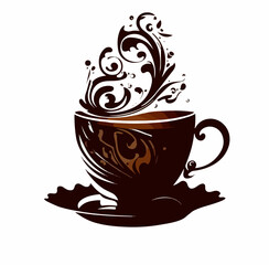 A cup of coffee with a saucer and abstract patterns in the form of steam. Vector illustration, print for background, print on fabric, paper, wallpaper, packaging.